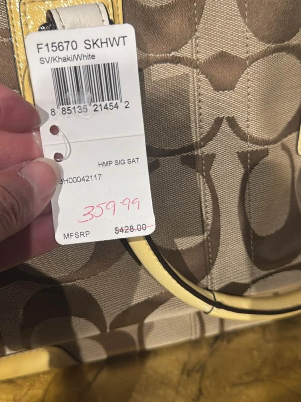 Coach Signature Satchel with Yellow Leather Trim and White Strap